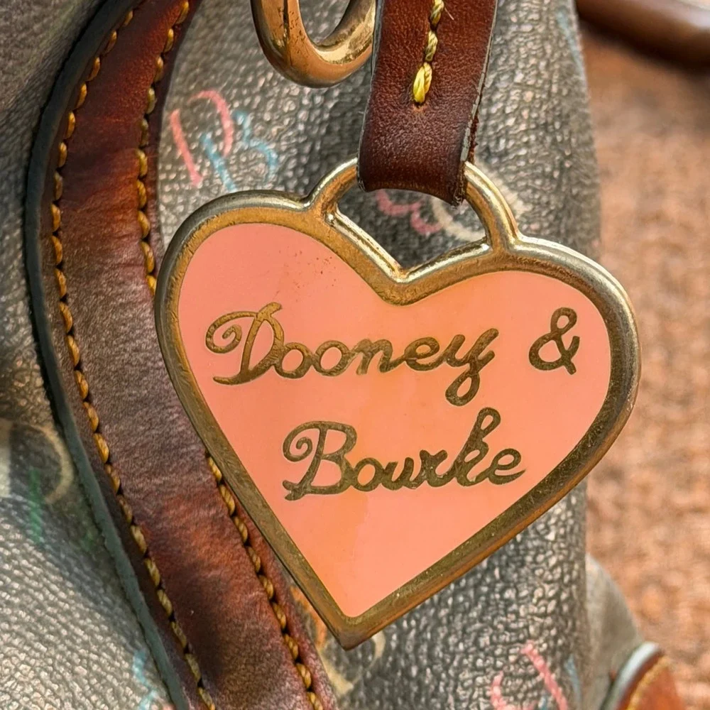 C+ Dooney & Bourke Rainbow Monogram Black Satchel Bag Leather Trim Heart Charm